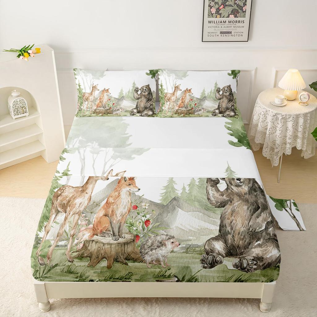 Forest Animal Fox Deer Bear Pattern Sheet Four-Piece Bedroom Room Dormitory Bedding Decoration