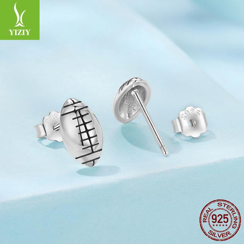S925 Sterling Silver Rugby Stud Earrings, Fashion Sports Style Silver Whole Body Stud Earrings And Ear Jewelry