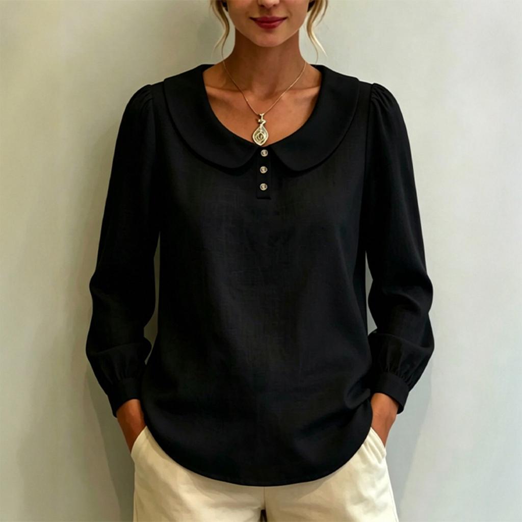 Women Long Sleeve Blouse Loose Fit Peter Pan Collar Shirt Breathable Puff Sleeve Top Casual Workwear