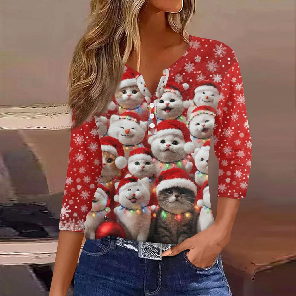 Women's Fashionable Casual Christmas Printed V-neck Three-quarter Sleeve Decorated Button Top