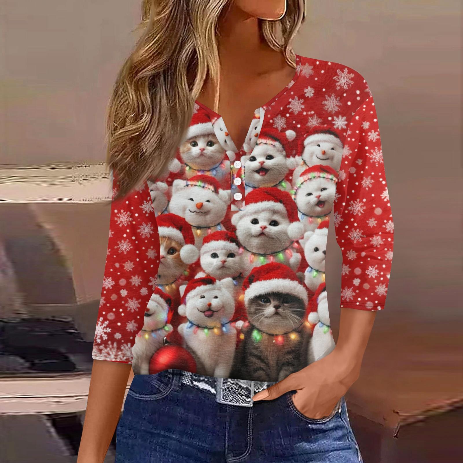 

Женская модная повседневная рождественская блузка с V-образным вырезом и рукавом три четверти, украшенная пуговицами XXXL красный