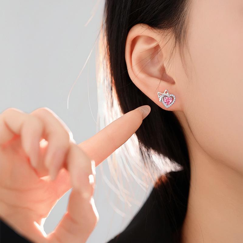 Original Love Bow Stud Earrings Women's Light Luxury Cold Wind Earrings Diamond Zircon Ear Jewelry