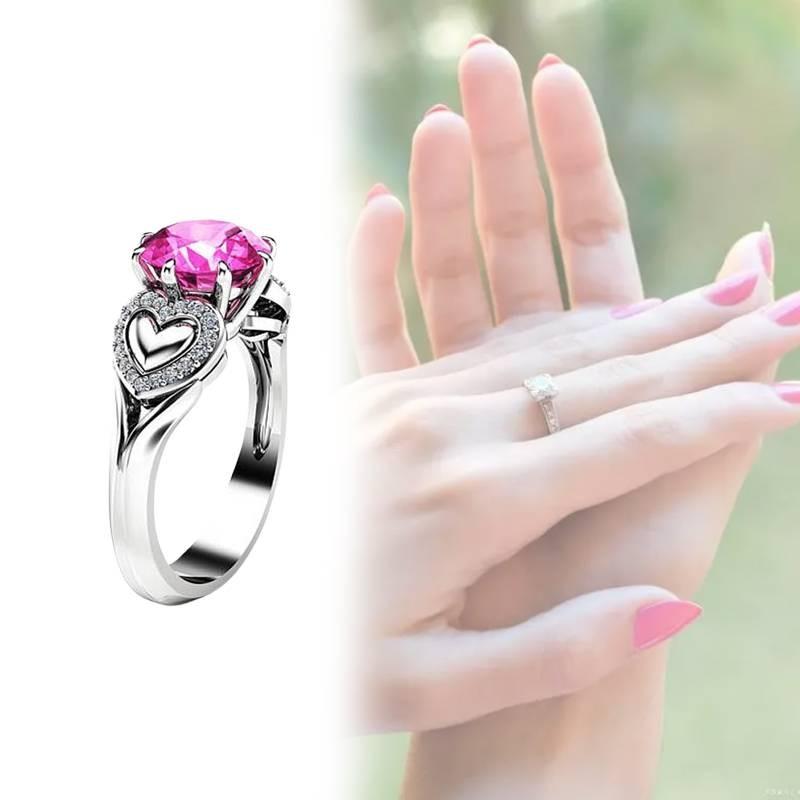 Bague Tendance en Forme de Cœur avec Cristal Zircon Rose et Anneau Réglable Plaqué Argent pour Femmes