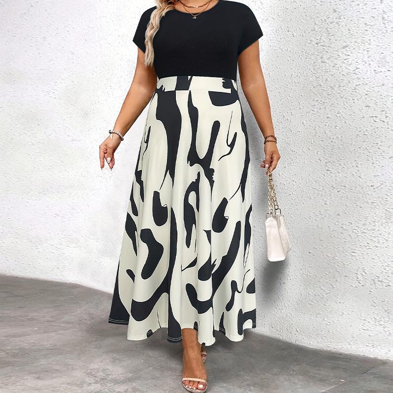 Übergröße Color-Block A-Linien-Kleid - Kurzärmlig, Schlankmachend, Vielseitig, Europäischer & Amerikanischer Stil für Frühling/Sommer