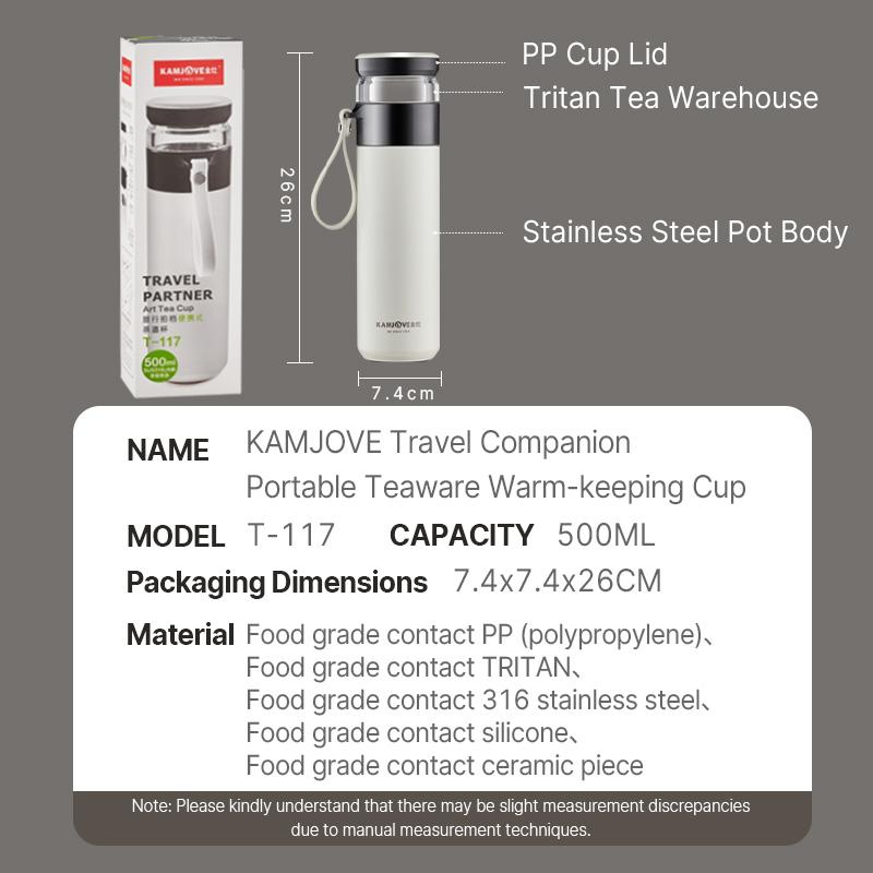 

KAMJOVE Travel Companion Портативная чайная утварь, сохраняющая тепло чашка, герметичная бутылка с вакуумной изоляцией, вкладыш из нержавеющей стали 316, 500 мл 500ml