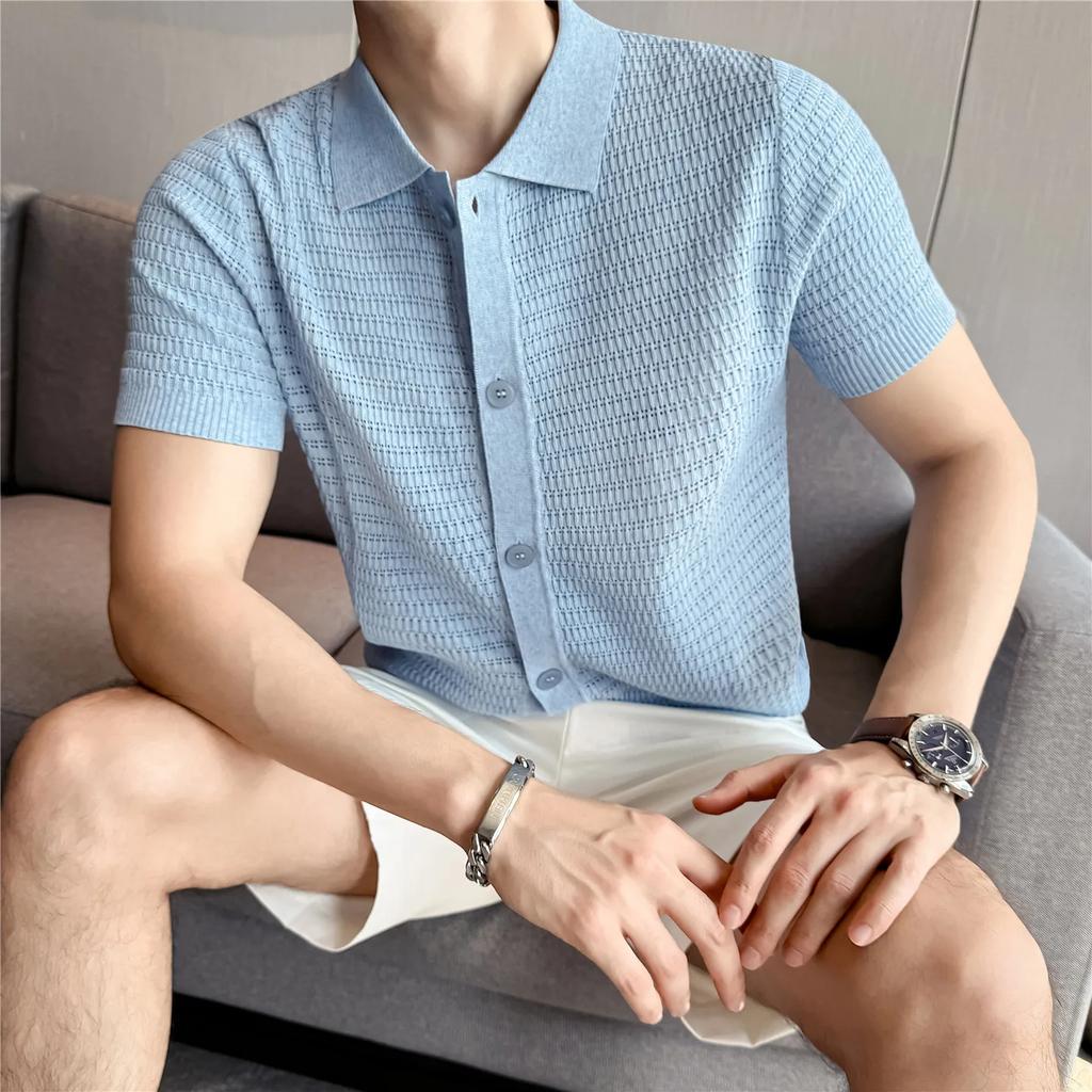 Sommer Herren Strick Poloshirts Kurzarm Smart Casual Leicht Turn-Down-Kragen Leinen Strick Cardigan Herren Atmungsaktive Polos