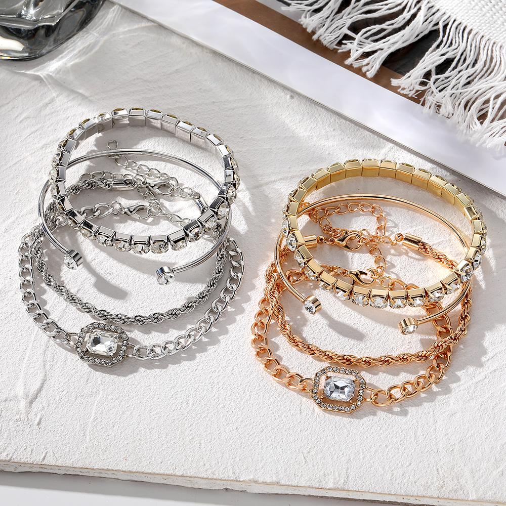 IPARAM 4 Piece Set Luxurious Bracelets for Women Crystal Shiny Adjustable Opening Chain Bracelets Punk Bangle Fashion Zircon
