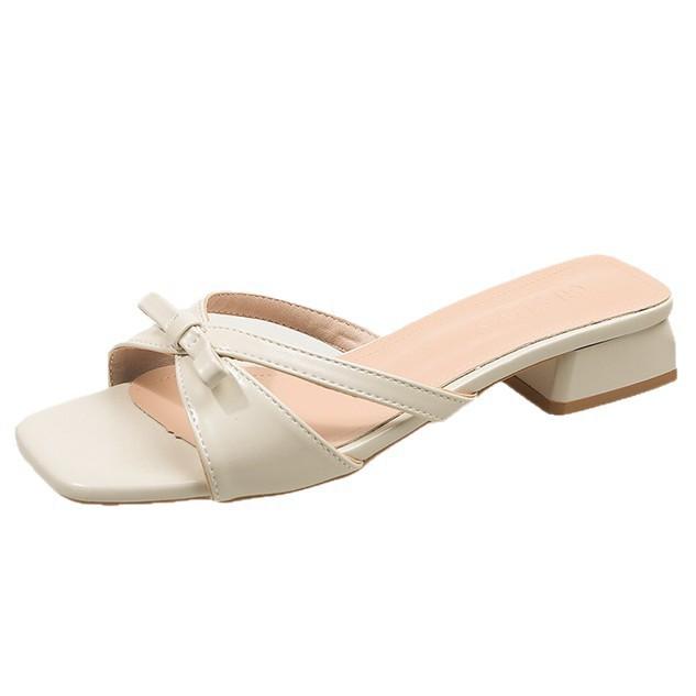 Gentle fairy wind cool slippers female summer wear 2025 new bow open-toed sandals square head low-heeled slippers