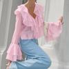 Women's Pink Tencel Chiffon Blouse V Neck Layered Ruffle Flare Long Sleeve Cropped Sun Protection Shirt Elegant Summer Top