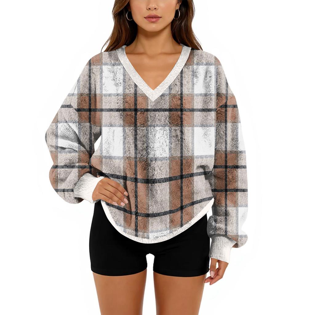 Women's V-Neck Sweatshirt Plush Solid Color Casual Fashion Long Sleeve With Pocketed Pullover Top