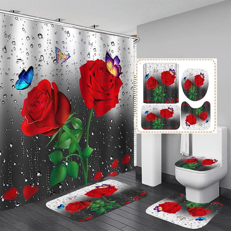 Modern Flowers And Butterfly Waterproof Shower Curtain Set Toilet Seat Cover Bath Nonslip Mat Rug Carpet Bathroom Decor Washable