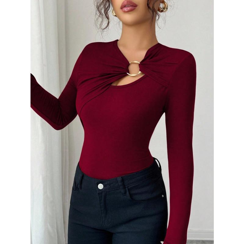 2025 Autumn and Winter New Fashion Hollow Simple Solid Color Versatile Women's Tops