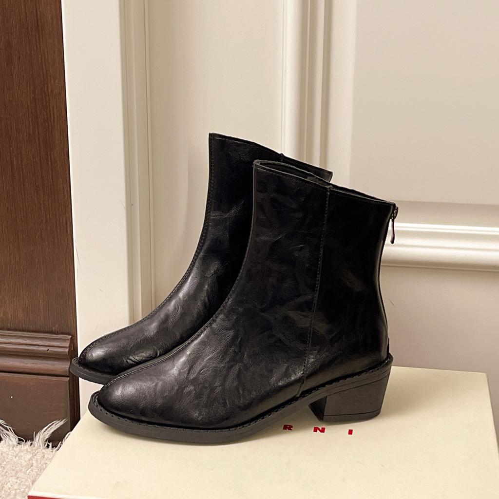 Maillard Brown Square Head Short Boots Women's Autumn and Winter New French Retro Thin V-mouth Ankle Thick Heel Thin Boots