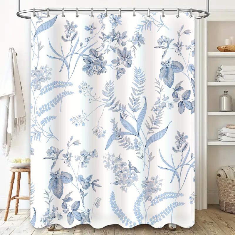 Classic Blue Floral Shower CurtainBathroom Decor with White Flower Print Waterproof Fabric Perfect for Home Bathrooms