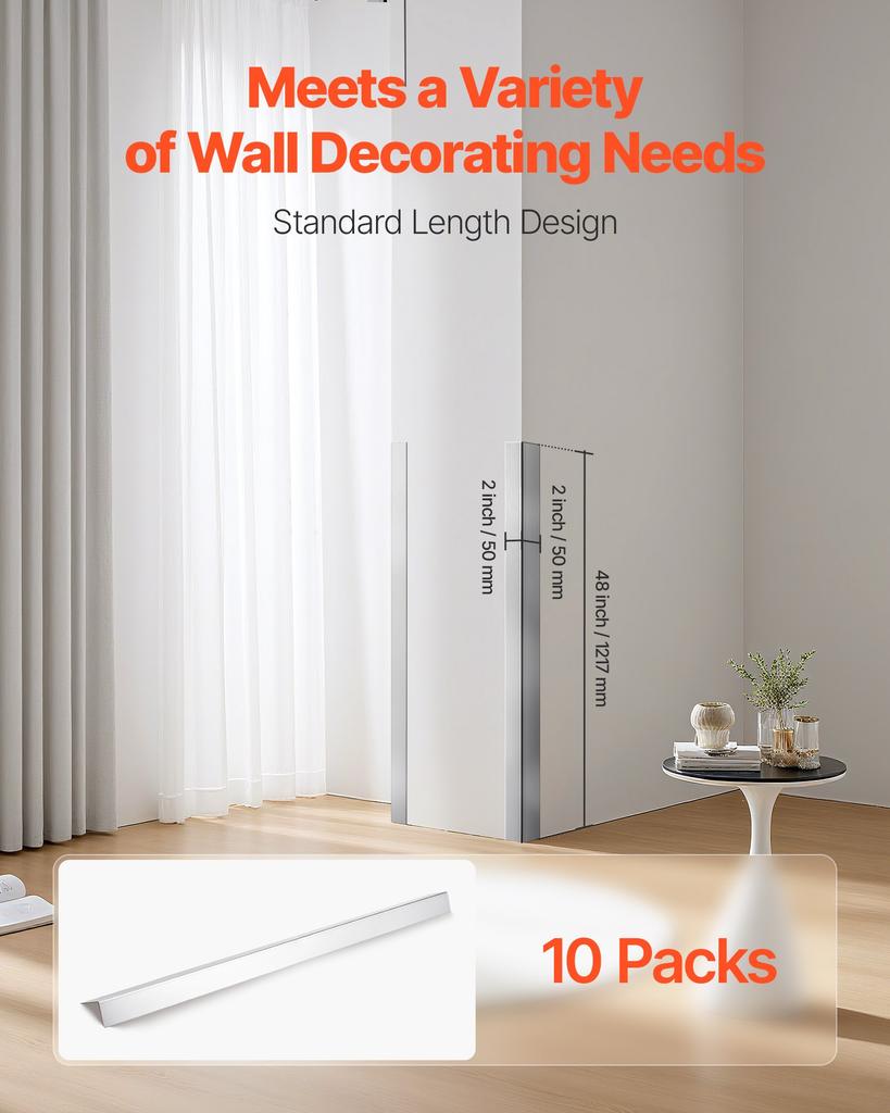 VEVOR Stainless Steel Wall Corner Protector, 50 x 50 x 1217 mm, 10 Pack Metal Corner Guards, 304 Stainless Steel Edge Trim 90-Degree Angle for Home