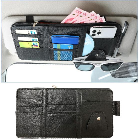 Augeny Car Sun Visor Organizer, Leather Multi-Pocket Auto Visor Storage Pocket Pouch Holder with Zipper, Vehicle Interior Accessories for Car Truck