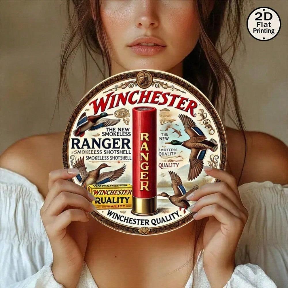 Vintage Duck Hunting Tin Sign 8x8 Inch Round Metal Wall Art, Winchester Shotshell Design Weather Resistant Iron Plaque