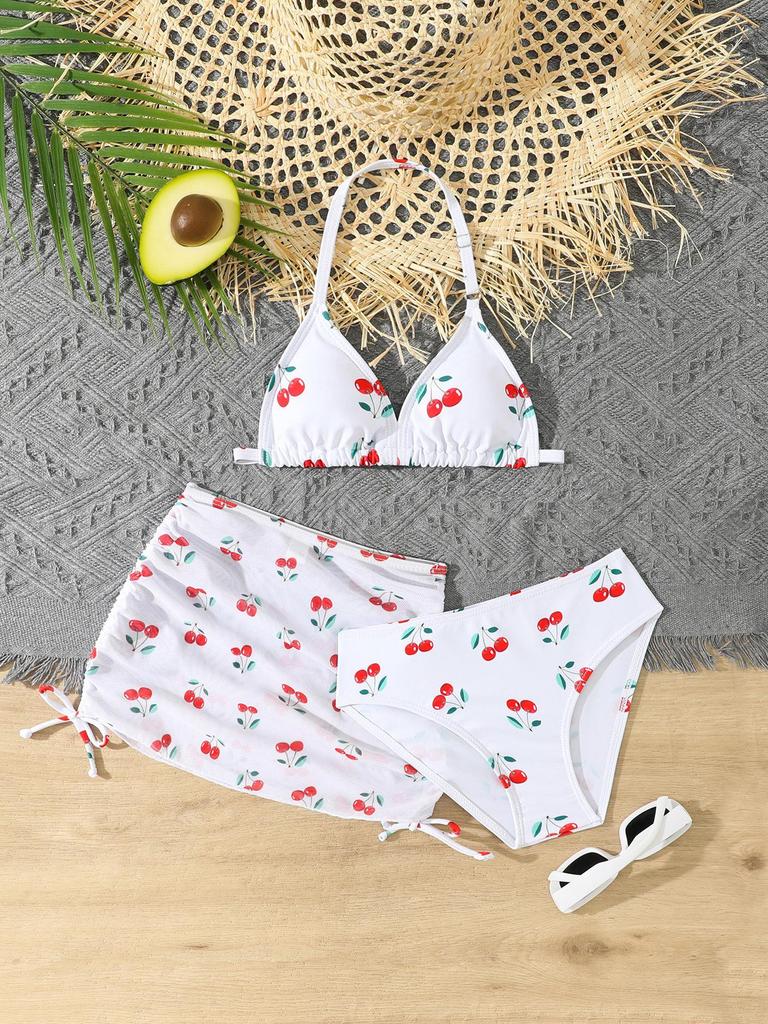 2025 Cute Girls' Three-Piece Bikini Swimsuit with Chest Pads for Middle and Older Children