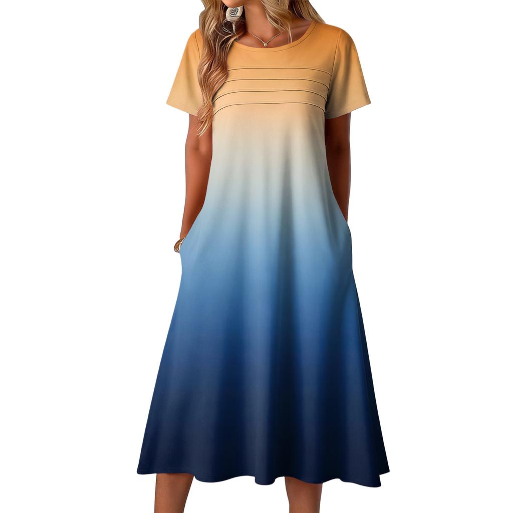 Ladies' Gradient Printed Casual And Fashionable Short Sleeved Round Neck Dress