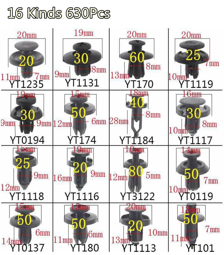 630 Pcs. Car Body Rivets, Door Panel Latches, Clips, 16 Sizes
