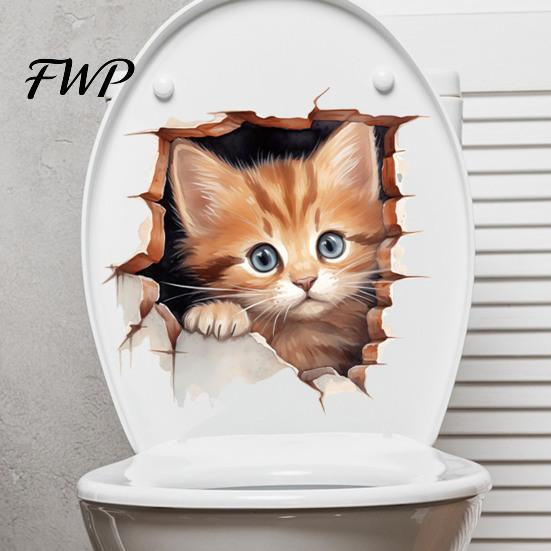 Peel Stick Toilet Decal Broken Wall Cat Sticker, And Decor Easy Application Window Sticker Decal, Removable Waterproof PVC Lid for Bathroom