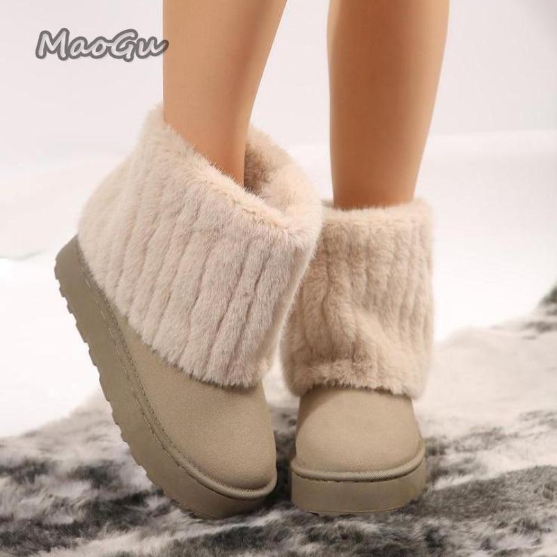 Warm Faux Fur Boots Tube Snow Boots Women 2025 Winter Round Toe Soft Thick Bottom Medium Heel Ankle Botas Winter Cotton Shoes