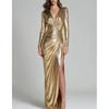 Christmas Explosion Metallic Luster Evening Dress, Sexy Deep V High Split Slim Annual Party Dress
