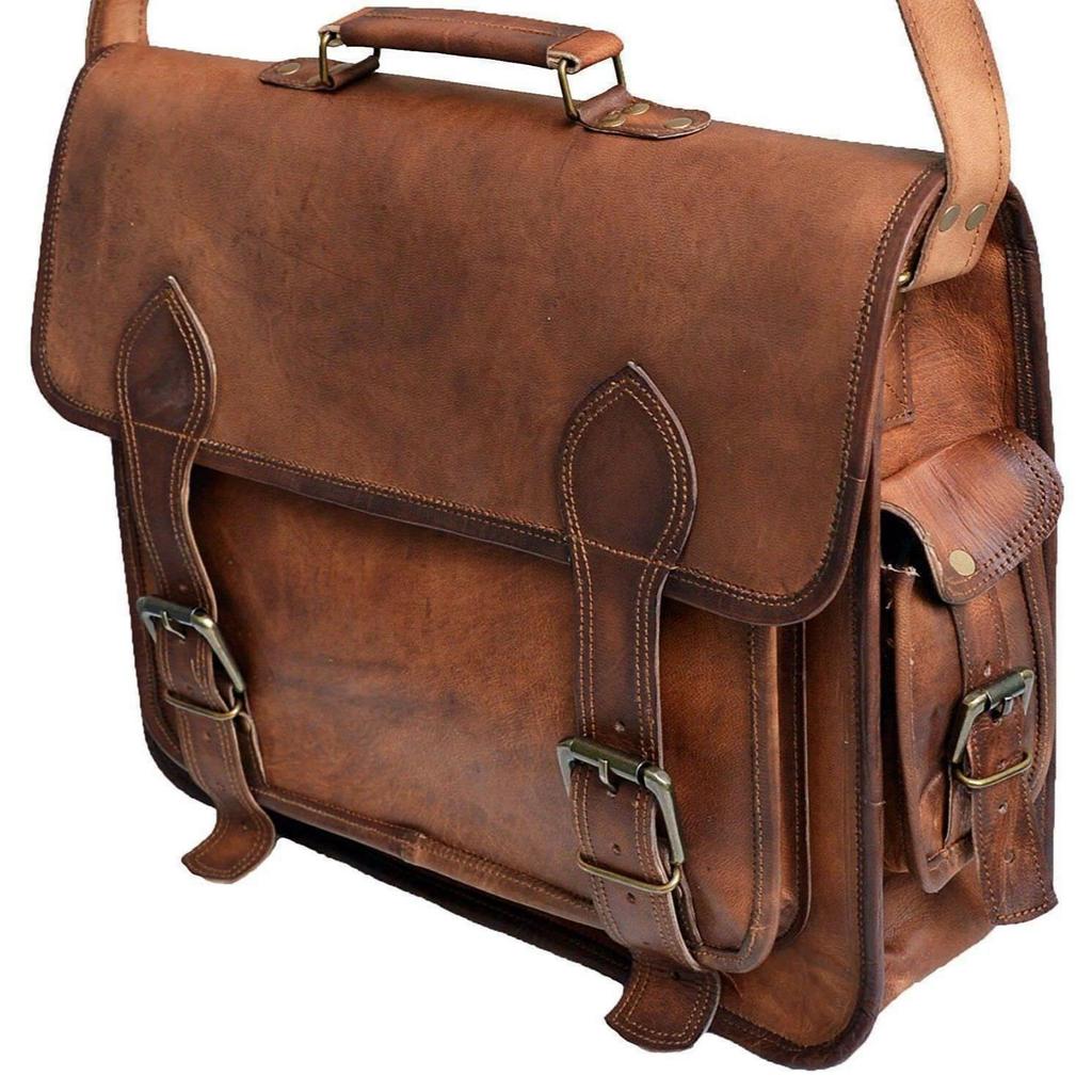 New Briefcase Handmade Leather Bag Goat Vintage Genuine Messenger Brown New