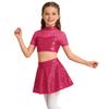 Set da Ballo per Bambina Top Corto e Gonna con Paillettes Lucide, Collo Alto, Maniche Corte, Patchwork in Rete, Schiena Scoperta