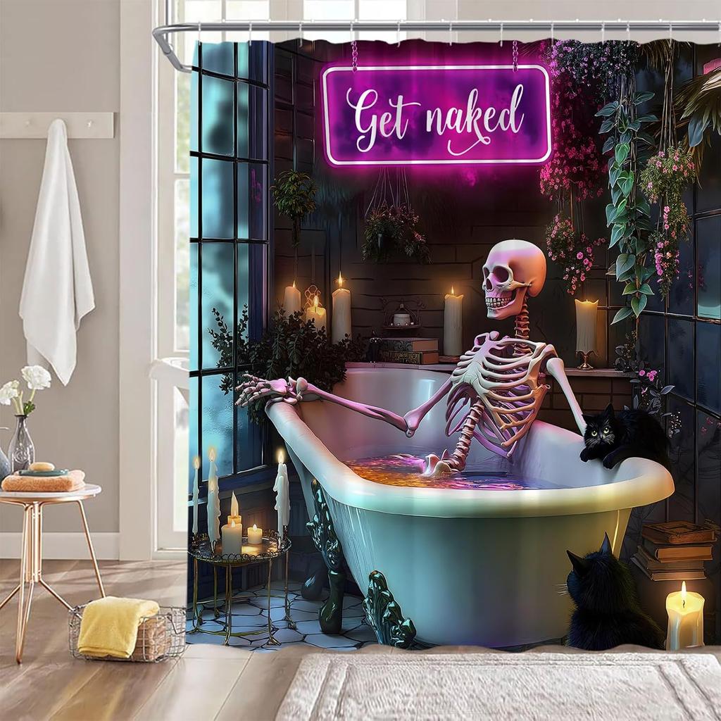 Lustiger Gothic Schädel Duschvorhang Halloween Gruseliger Schädel Skelett in Badewanne Grüne Pflanze Gruselig Kreativer Stoff Badezimmerdeko