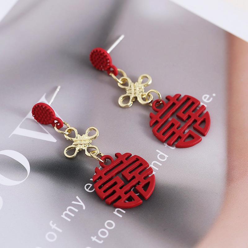Chinese Style Red Festive Long Earrings for Weddings and New Year