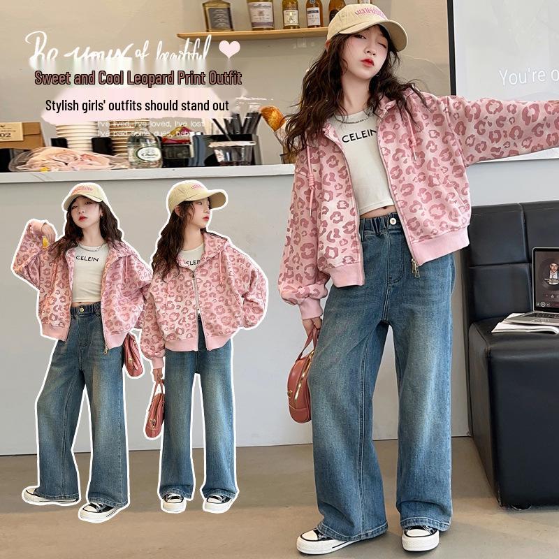 Big Girls' Stylish Leopard Print Cardigan Hoodie - Spring/Autumn 2025