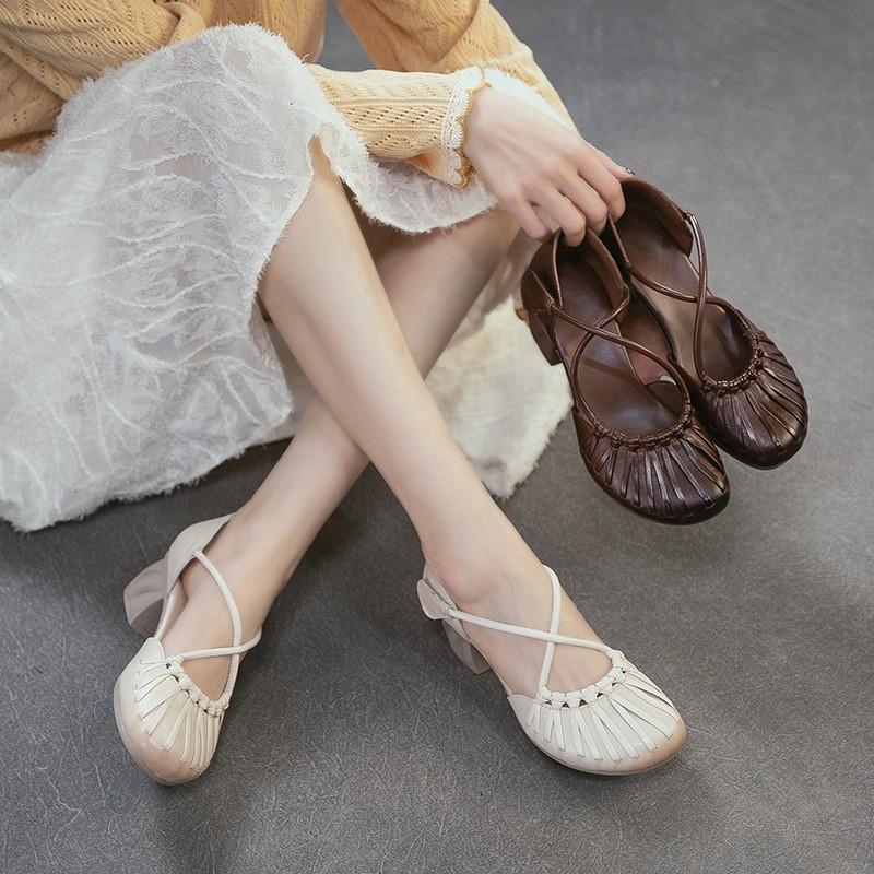 Johnature Genuine Leather French Cross Belt High Heel Sandals Fashionable Versatile Coarse Heel Women's Shoes