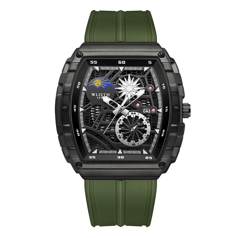 Volis Men s Barrel-Shaped Watch: Domineering Design with Curved Mirror, Skeleton Dial, Sports Features, Business Calendar.