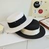 French Top Hat Flat Top Straw Hat Women's High-end Straw Hat Pearl Ribbon, Outdoor Straw Hat Seaside Beach Hat Women
