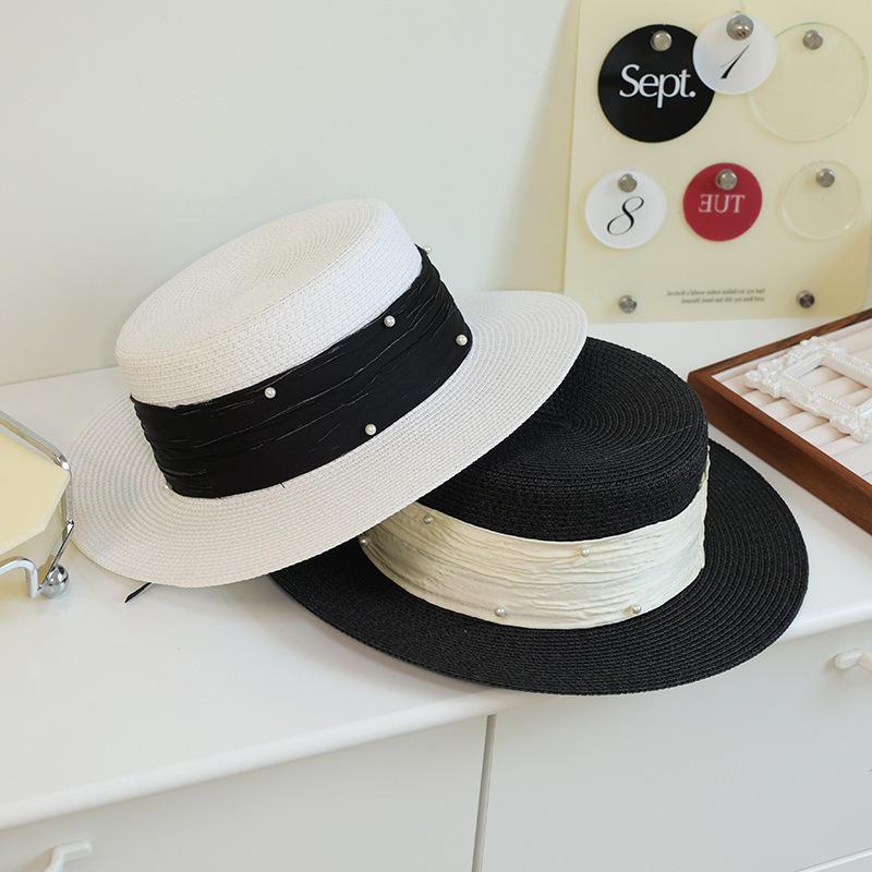 French Top Hat Flat Top Straw Hat Women's High-end Straw Hat Pearl Ribbon, Outdoor Straw Hat Seaside Beach Hat Women