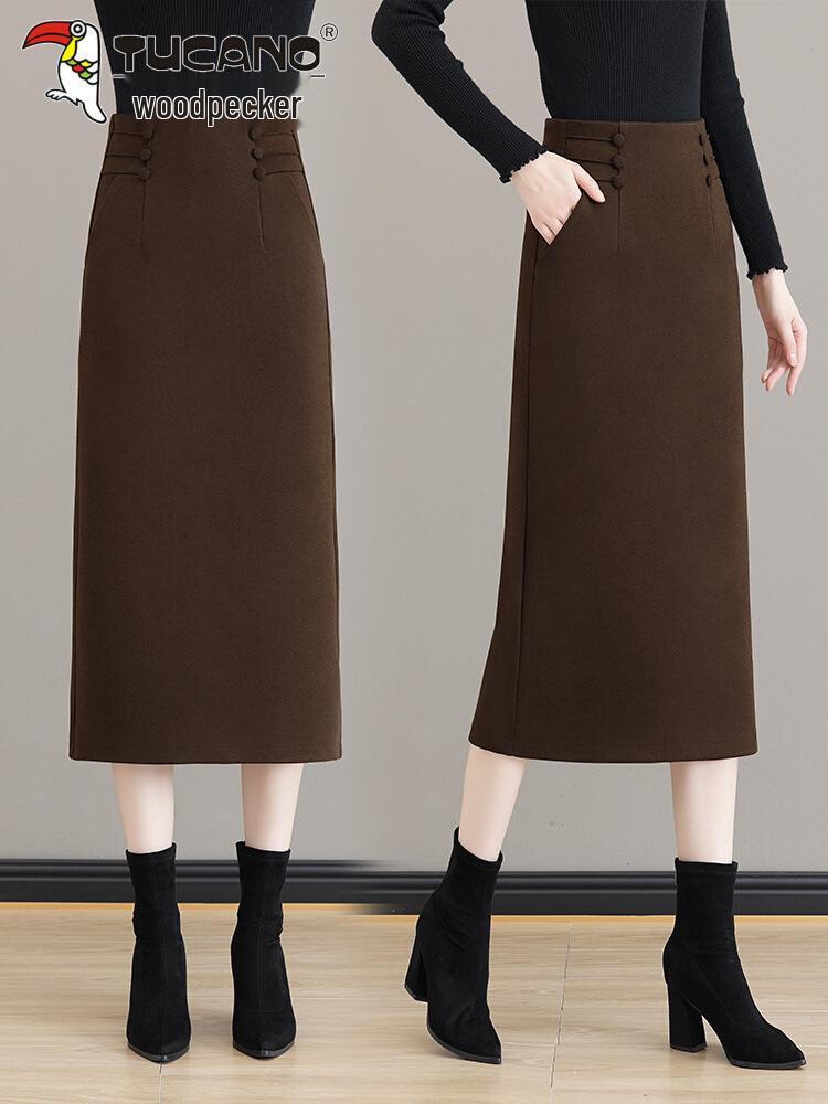 Women's High-Waist Brown Wool Midi Skirt with Slit - Autumn/Winter 2025 Collection