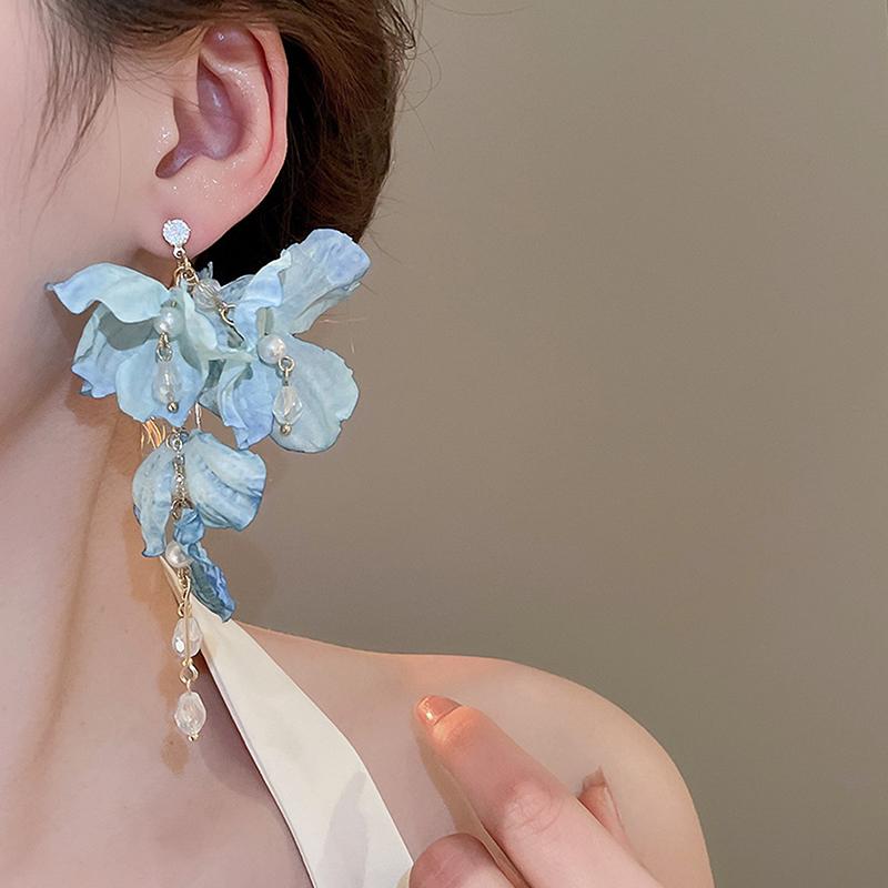 Sommer Chiffon Blumen Quasten Ohrringe für Frauen Urlaubsstil Übertrieben Süße Hängeohrringe Schmuck Accessoires Geschenke