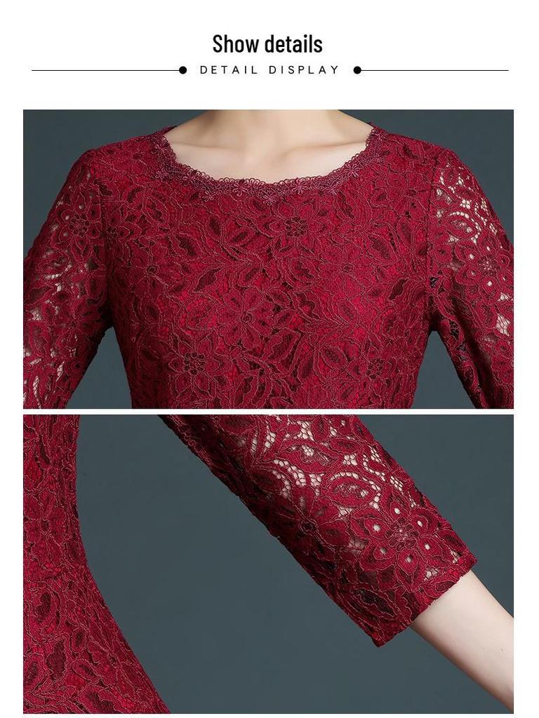 Elegant Wine Red Lace Dress with Waist-Cinching for Middle-Aged and Elderly - Autumn 2021 Collection