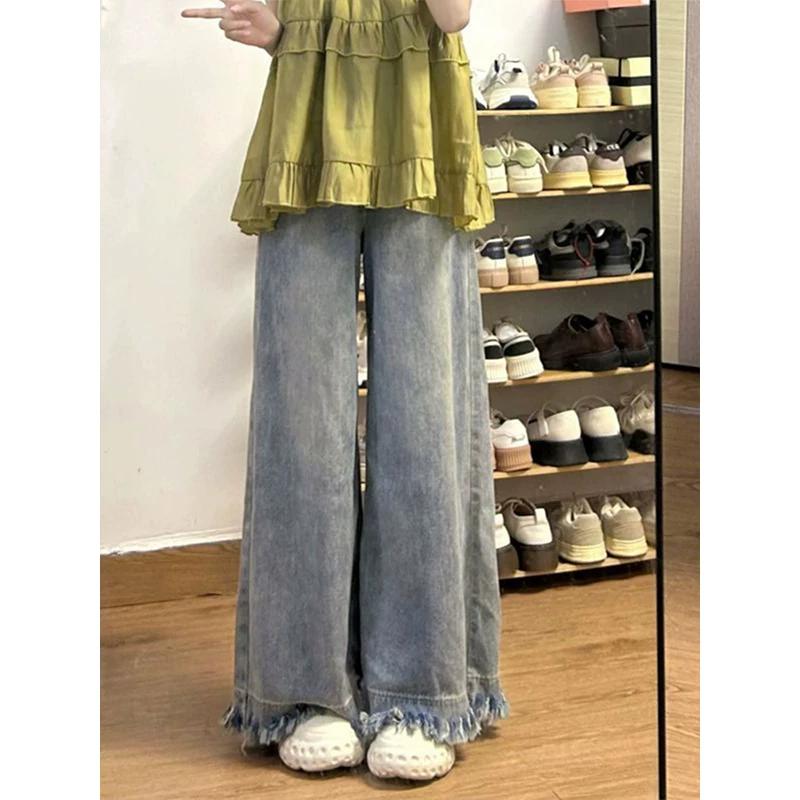 

150.00kg Plus Size Women s Clothing American Tasseled Jeans Women s Autumn Light Color Loose Figure Flattering Wide Leg Pants Tide 3XL синий