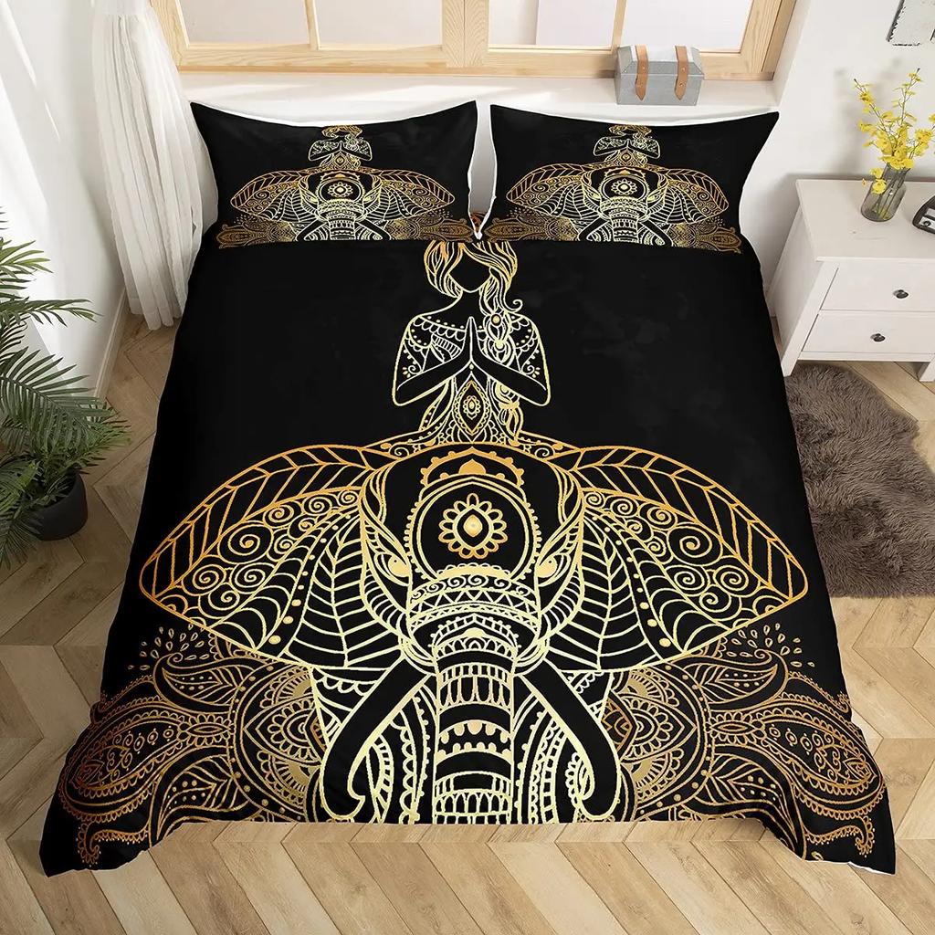 Elephant Soft Duvet Cover Set Ful,Boho Vintage High-End Premium Beding Set Exotic Mplusala Comfortable Quilt Cover Tribal Ethnic Warm Comforter Cover