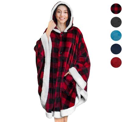Women's Autumn Winter Warm Hooded Cape Flannel Robe with Double Pockets Soft Shawl Home Loungewear