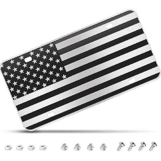 American Flag License Plate, Black Decoration Front Flag License Plates With 4 Holes, Aluminum Metal 3D Embossed US License Plate With Screws Caps, 6 серебряный