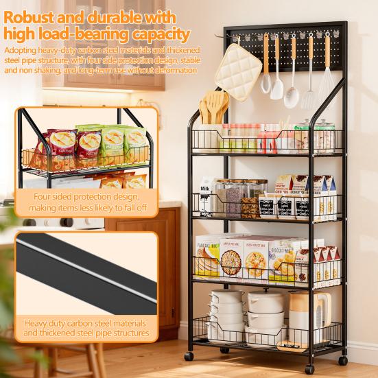 Snack Display Organizer 4/5 Tier Retail Rack Black Metal Candy Storage Shelf Cart with Wheels Wire & 15 Hooks Heavy-Duty Potato Chip Stand