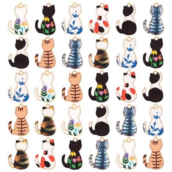 Cat Charm Flower Deco Parts Pendant 30 Pieces Random Colors Alloy DIY Decorations Necklace Earrings Handmade Material.