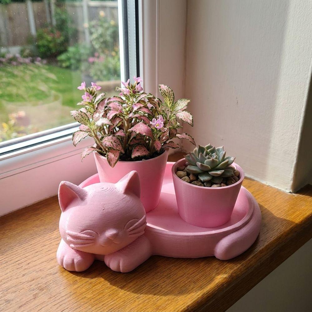 3D Printed Cat-Shaped Flower Pot Cute Animal Mini Potted Plant Jewelry Tray Indoor/Outdoor Use
