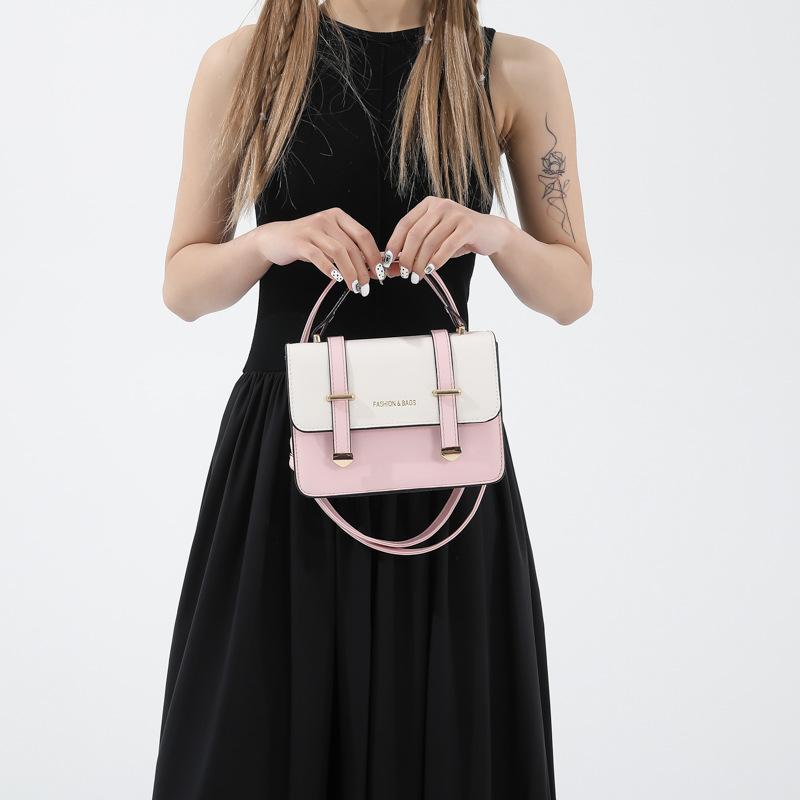 Fashionable Texture Contrasting Color Splicing Fashion Spring New Simple Retro One-shoulder Side Strap Handheld Small Square Bag for Women