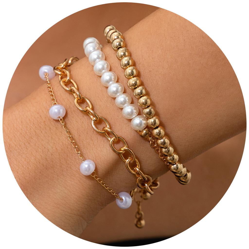ins style multi-layer chain bracelet hand jewelry, imitation pearl beaded stacked bracelet set women