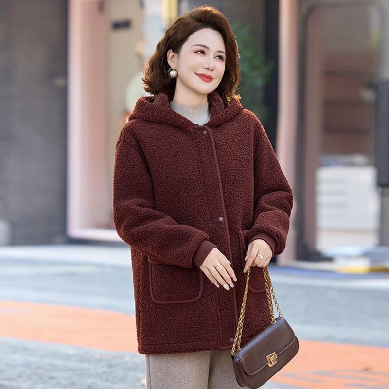 Medium and old women's clothing women's hooded lamb wool medium and long coat women's autumn and winter warm woolen top multi-color versatile model