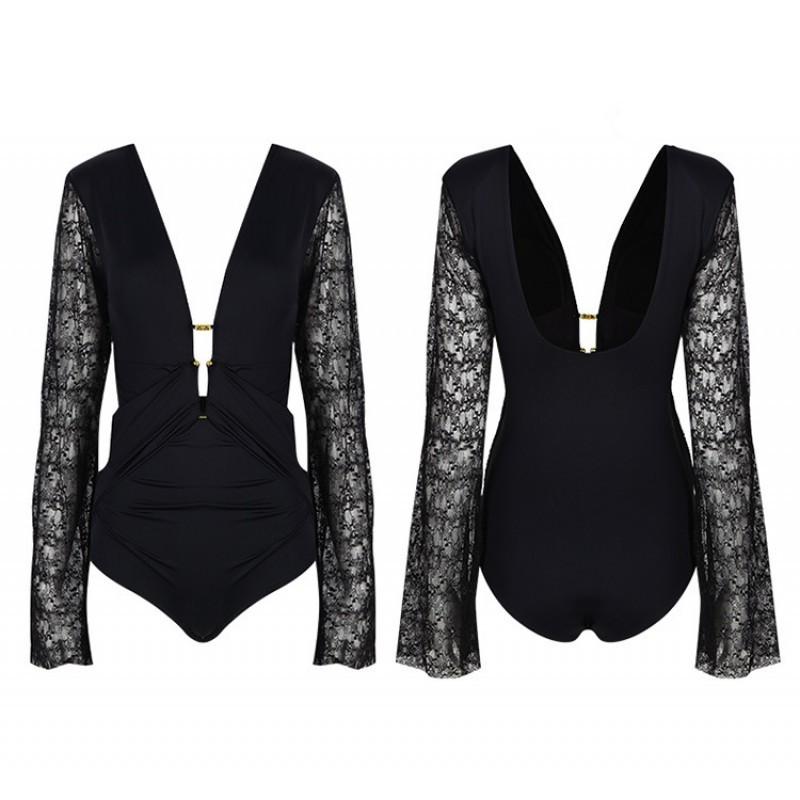 One-piece Swimsuit Female Conservative Slimming Sexy Deep V Small Chest Lace Long-sleeved Triangle Resort Hot Swimming Suit